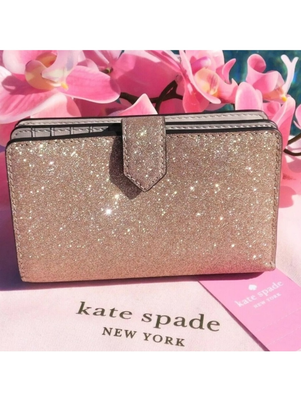 kate spade shimmy rose gold glitter medium snap wallet EUC